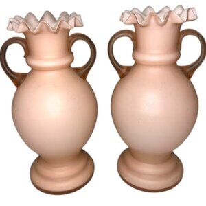 Antique Pink Satin Bohemian Czechoslovakia Cased Art Glass Vases - Pair of 2